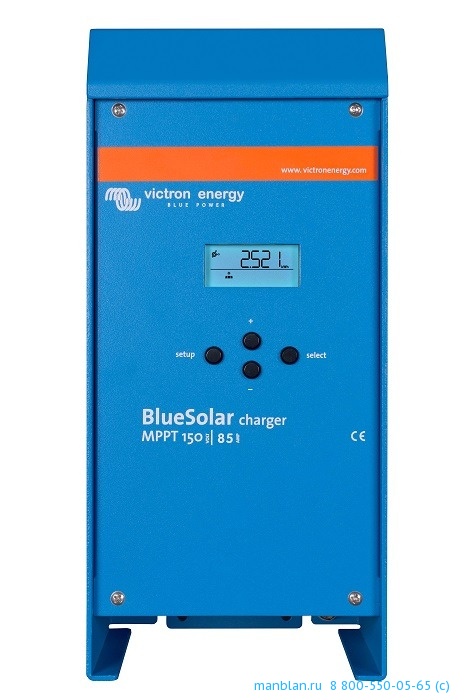 Blue Solar MPPT 150/85 (12/24/36/48V-85A) Контроллер заряда аккумуляторов от солнечных панелей. MPPT (сверхбыстрое отслеживание точки максимальной мощности), ток заряда 85 А, максимальное напряжение солнечной батареи 150 В, напряжение АКБ 12/24/36/48 В (настраивается автоматически). Размеры 350х160х135 мм. Вес 4,2 кг.