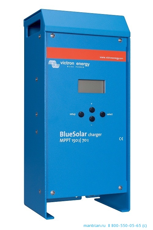 Blue Solar MPPT 150/70 (12/24/36/48V-70A)	Контроллер заряда аккумуляторов от солнечных панелей. MPPT, ток заряда 70 А, максимальное напряжение "холостого хода" 150 В, напряжение АКБ 12/24/36/48 В (настраивается автоматически). Размеры 350х160х135 мм. Вес 4,2 кг.