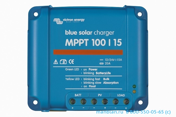 Blue Solar MPPT 100/15 (12/24V-15A)	Контроллер заряда аккумуляторов от солнечных панелей. MPPT, максимальное напряжение солнечной батареи 100 В, макимальный ток заряда 15 А, напряжение АКБ 12/ 24 В (настраивается автоматически). Размеры 100х113х40 мм. Вес 0,5 кг.